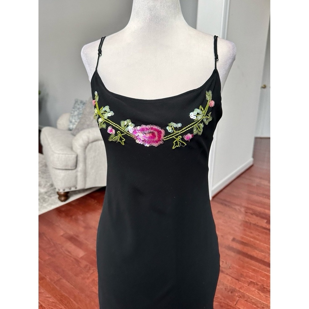Vintage 90s Betsey Johnson New York Silk Black Sequin Asymmetrical Fringe Dress - Picture 3 of 12